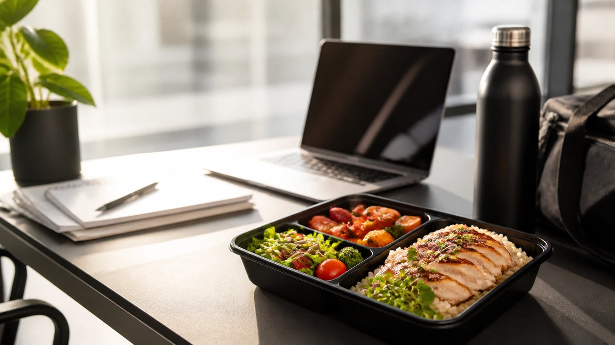 A macro-friendly prepared meal box on a sleek modern office desk beside a laptop and notebook